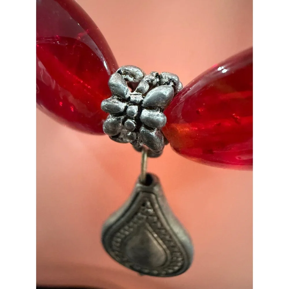 Boho Red Oval Bead Statement Necklace Antiqued Silver Tone Teardrop Charms